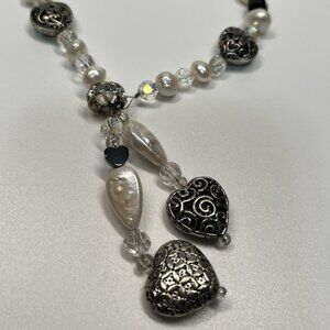 Black and White Beaded Necklace with Hearts 22" - HANDMADE